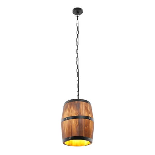 OUKANING 1-Light Brown Retro Cage Wood Barrel Pendant Light with Wood Shade