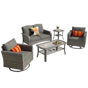 Missisi Gray 5-Piece Wicker Patio Conversation Set with Black Cushions and Swivel Chairs