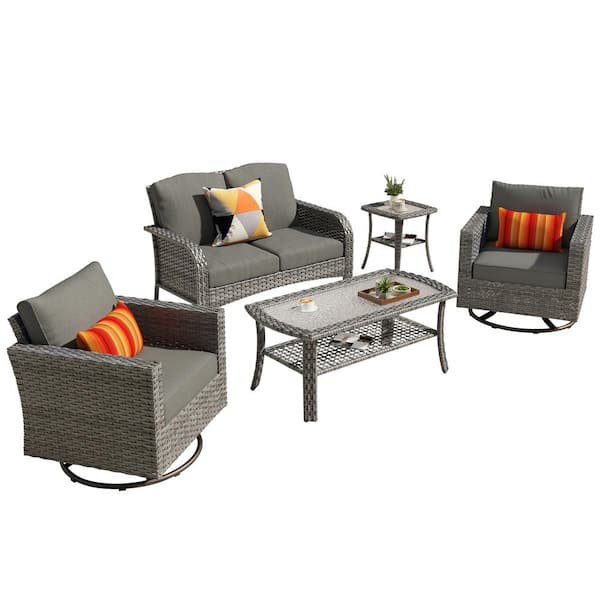 Missisi Gray 5-Piece Wicker Patio Conversation Set with Black Cushions and Swivel Chairs