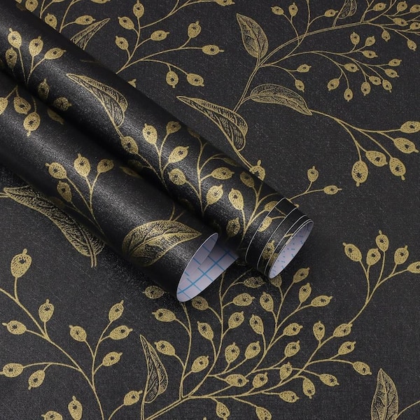Black and Gold Boho Floral Self-Adhesive Removable Peel and Stick Wallpaper Roll