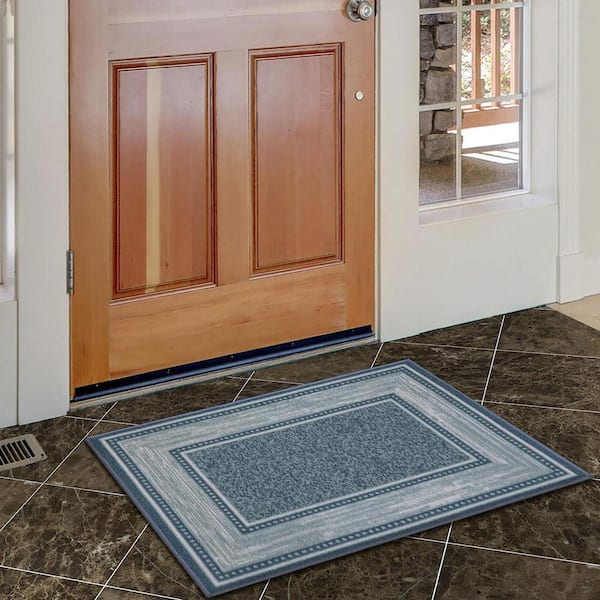Ottohome Collection Non-Slip Rubberback Bordered Design 2x3 Indoor Entryway Mat, 2 ft. 3 in. x 3 ft., Teal Blue