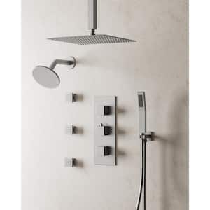 Thermostatic Valve 8-Spray 12 in. and 6 in. Ceiling Mount Dual Shower Head and Handheld Shower in Brushed Nickel