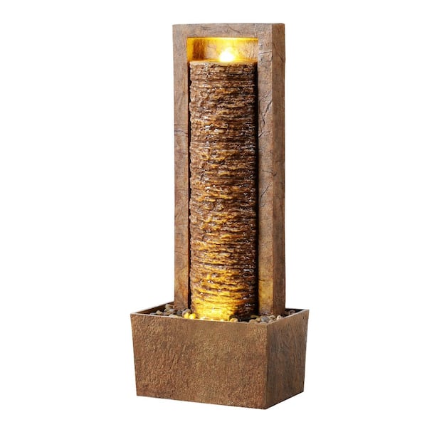 32.3 in. Electric Brown Polyresin Tiered Fountain with Warm Glow Lighting and Rock Design