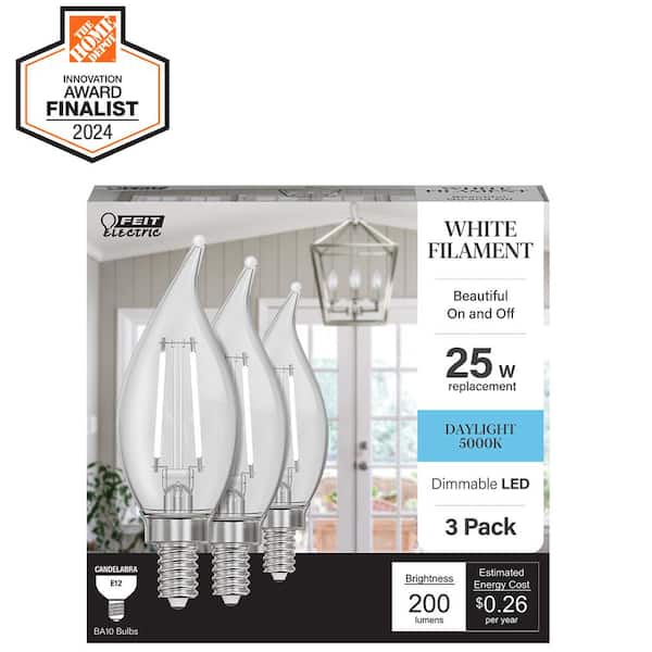 Feit Electric 25-Watt Equivalent BA10 E12 Candelabra Dim White Filament Clear Glass Chandelier LED Light Bulb, Daylight 5000K (3-Pack)