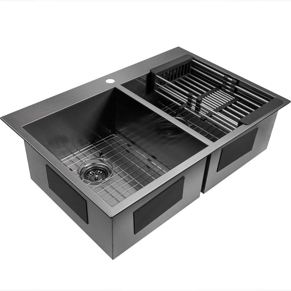 33" Double Bowl Gunmetal Matte Black Stainless Steel Kitchen Sink with Faucet