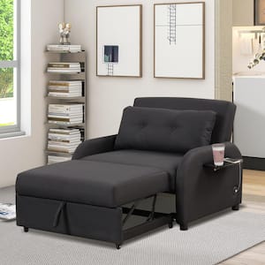 41.5 in. Black Line Fabric Pull Out Sofa Bed with 2 Wing Table and USB Charge