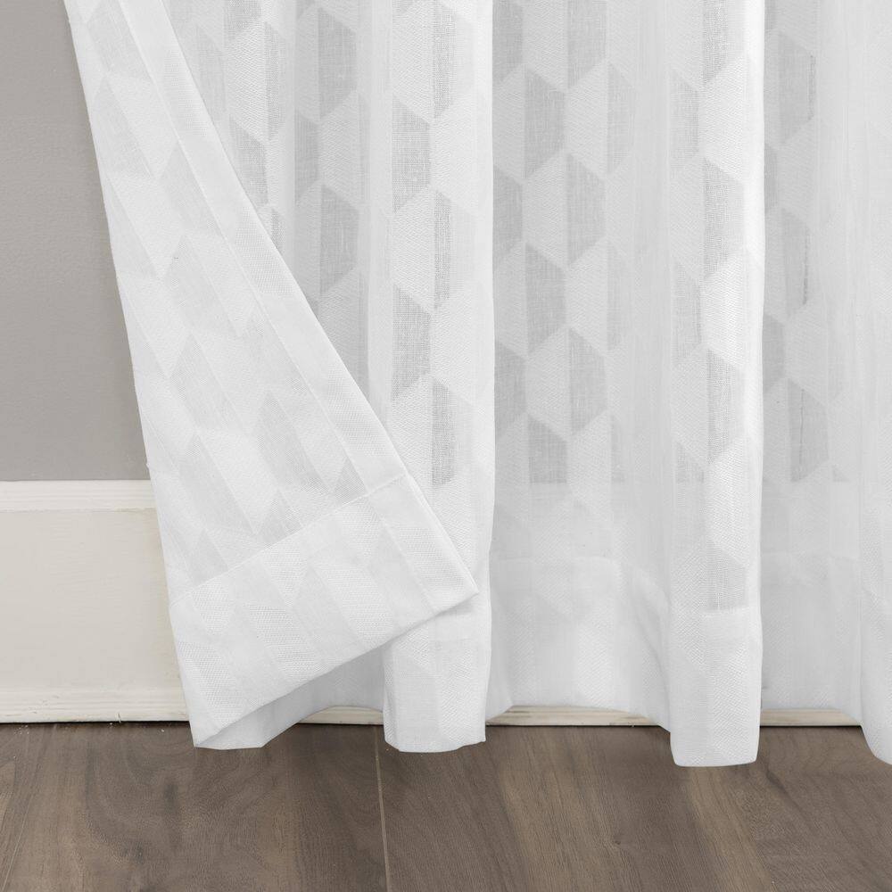 White Geometric Clipped Jacquard Light-Filtering Rod Pocket Curtain Panel
