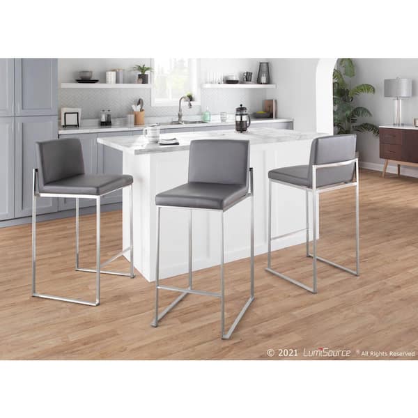 Fuji 35.5 in. Grey Faux Leather and Stainless Steel High Back Counter Height Bar Stool (Set of 2)