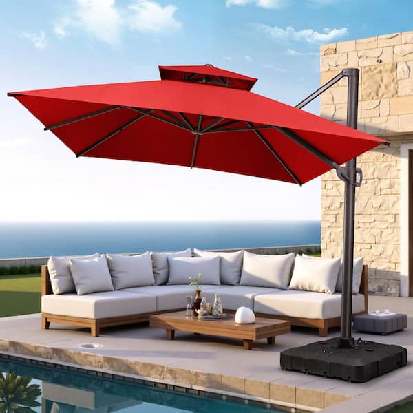 10 ft. x 13.5 ft. Aluminum Heavy Duty 360° Rotation Double-Top Cantilever Patio Umbrella in Red and Umbrella Stand Base