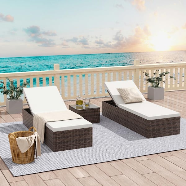 WESTIN OUTDOOR Bowman Multi-Brown 3-Piece Wicker Outdoor Chaise Lounge with White Cushion Set