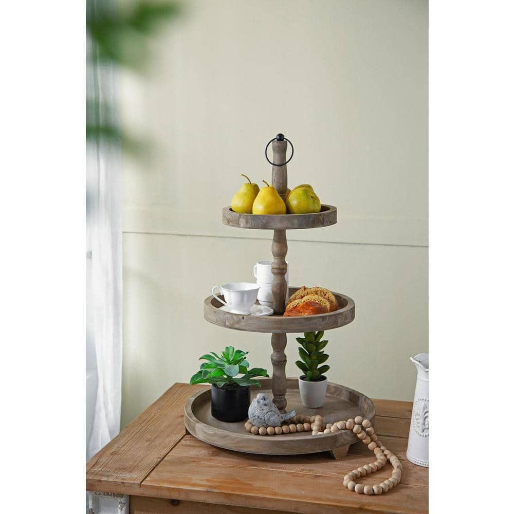 Woodruff Weathered Natural 3-Tier Round Wood Serving Tray
