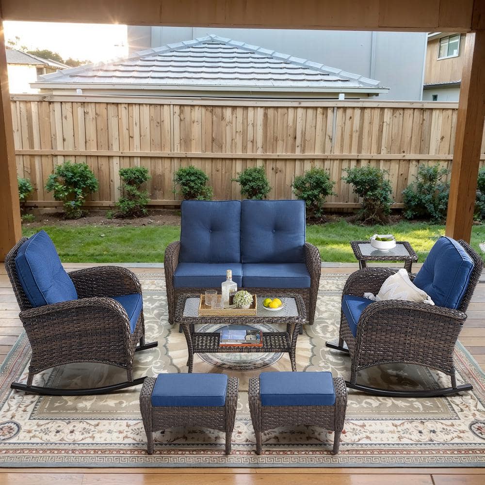Brown 7-Piece Wicker Patio Conversation Set with Rocking Chairs, Outdoor Glider Seating Set with Navy Blue Cushions price history on PriceWatchPro