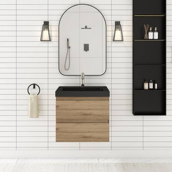 JimsMaison 24 in. W x 19.5 in. D x 20.5 in. H Wall-Mounted Bath Vanity in F Oak with Black Quartz Top
