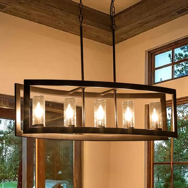 RRTYO Sylvette 5-Light Oil Rubbed Bronze Kitchen Curved Island Chandelier with Glass Shade