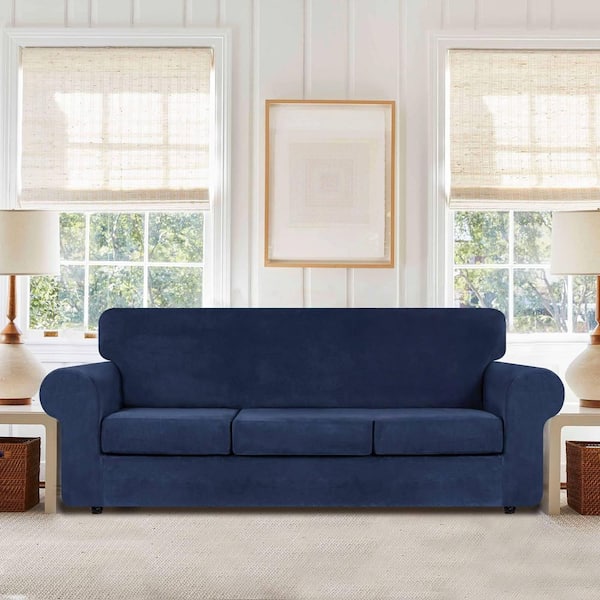 4-Piece Navy Blue Velvet High Stretch Couch Slipcovers for 3-Cushion Sofa with Non Slip Elastic Bottom Protector