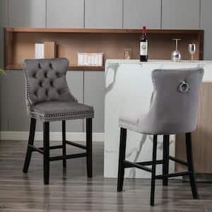 41.3 in. Gray Velvet Upholstered Low Back Barstools with Button Tufted Wood Legs Chrome Nailhead Trim (Set of 2)