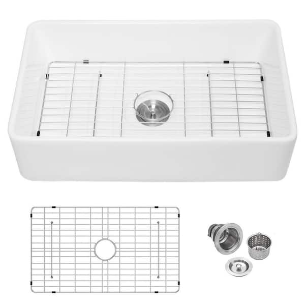 33 in. Farmhouse Single Bowl Glossy White Fireclay Kitchen Sink with Bottom Grid and Drain Assembly