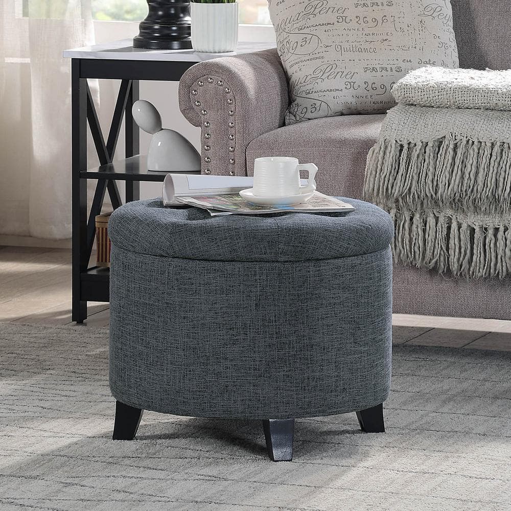 Stormy Gray Tufted Round Storage Ottoman with Dense Foam Cushion