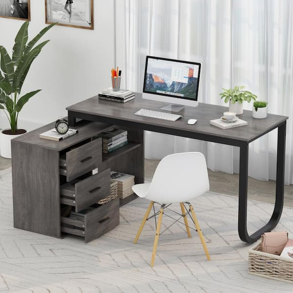 Two Person L Shaped Desk with Adjustable Shelves Vintage Light Grey
