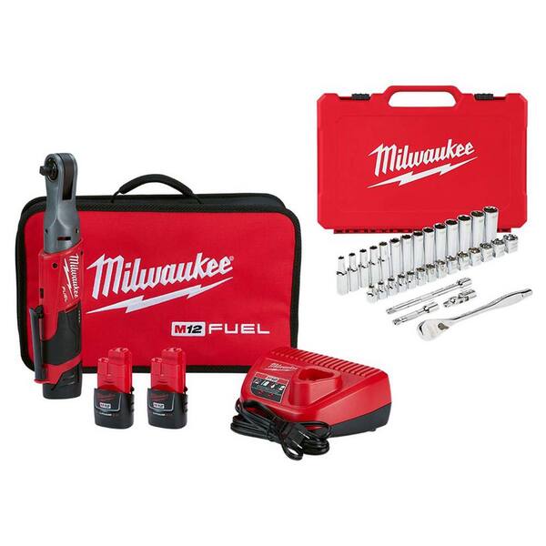 Milwaukee M12 FUEL 12V Lithium-Ion High Speed 3/8 in. Cordless Ratchet Kit w/3/8 in. Ratchet and Socket Mechanics Set (32-Piece)