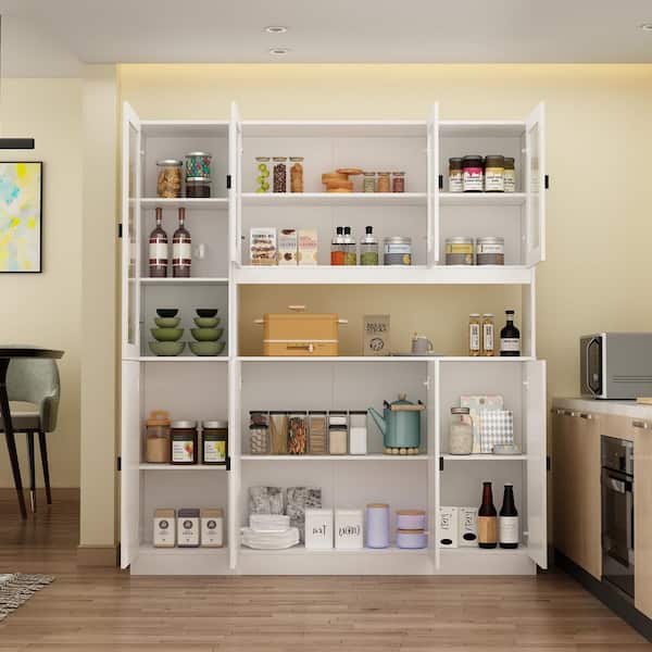 White Wood Combination Storage Cabinet W/Buffet and Hutch, Glass Doors, Shelves (62.9 in. W x 12.2 in. D x 70.9 in. H)