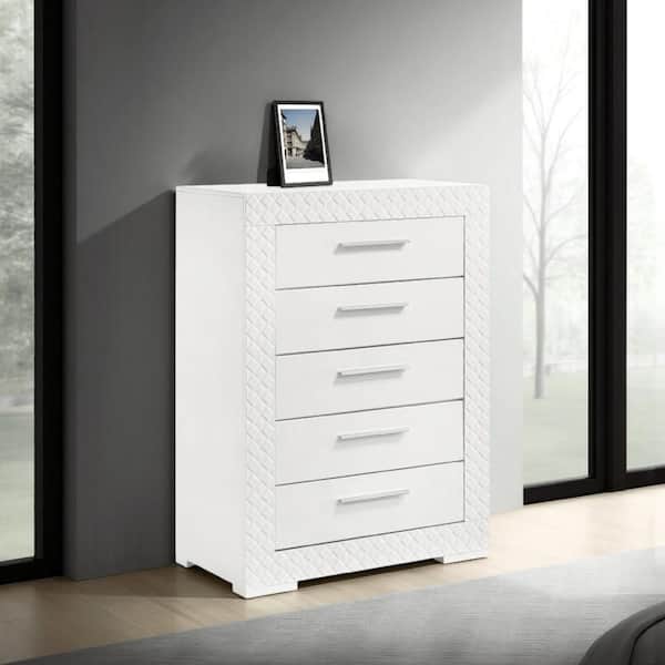 Ivon Glossy White 5-Drawer 35.5 in. Wide Tall Chest of Drawers Dresser Without Mirror