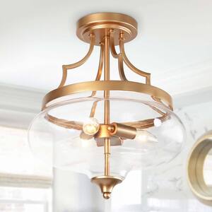 Gold Bell Pendant Light 3-Light Modern Brass Gold Bell Foyer Semi-Flush Mount with Clear Glass Shade