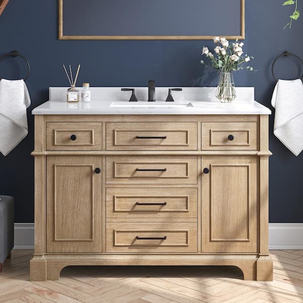 Home Decorators Collection Melpark 48 in. W x 22 in. D x 34 in. H Single Sink Bath Vanity in Antique Oak with White Engineered Marble Top