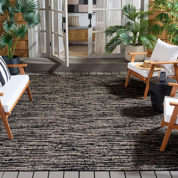 Beach House 7 ft. x 7 ft. Square Black/Beige Distressed Striped Solid Indoor/Outdoor Area Rug