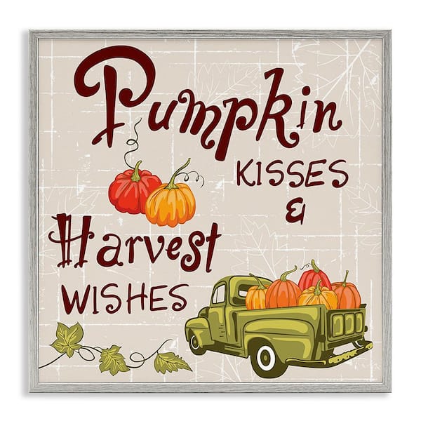 Stupell Industries Farmhouse Pumpkin Kisses by Diane Labombarbe 1-Piece Framed Graphic Print Typography Poster Art Print 24 in. x 24 in.
