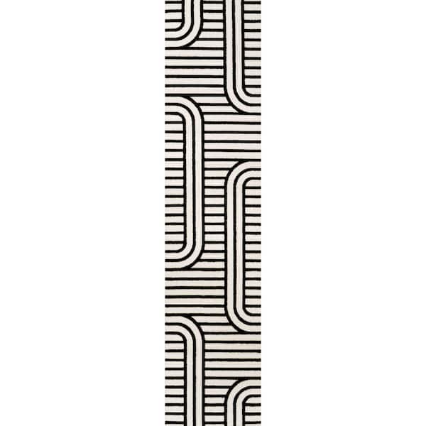 Anders MidCentury Modern Arch Stripe Two-Tone High-Low Black/White 2 ft. x 8 ft. Runner Rug