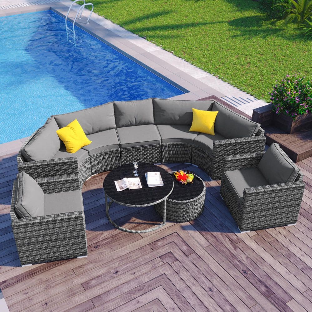 Modern Style Premium Gray 9-Piece Wicker Outdoor Half-Moon Patio Conversation Set with 2 Coffee Table and Gray Cushions price history on PriceWatchPro