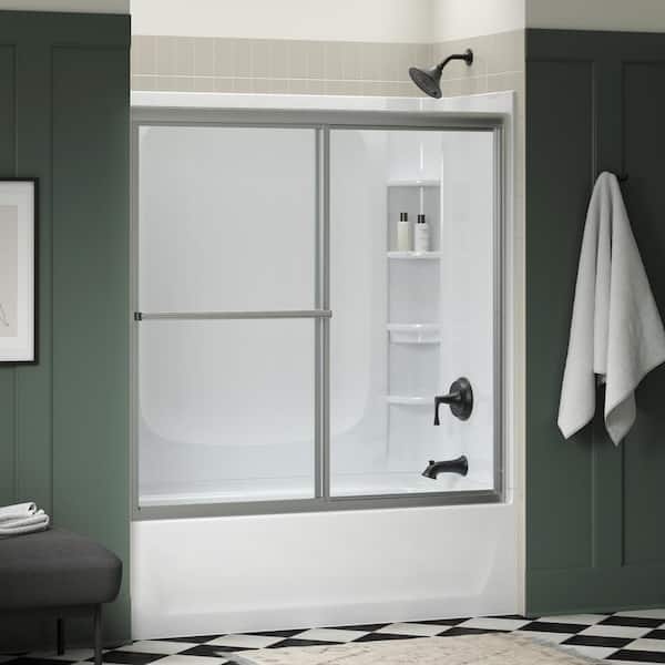 Deluxe 55-60 in W x 56 in. H Sliding Framed Bath Door with 1/8 in. Clear Glass in Silver