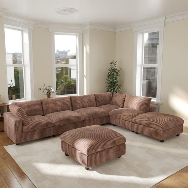 157.48 in. Square Arm 7-Piece Rabbit Velvet Plush Modular Free Combination Sectional Sofa with Ottoman in Brown