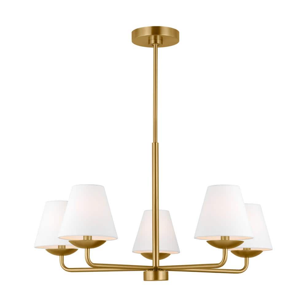 Satin Brass 5-Light Candle Chandelier with White Linen Shades