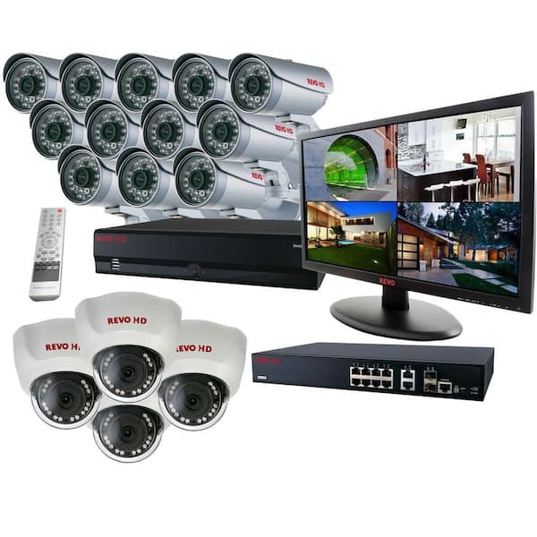 Revo 16 Ch. HD 8TB NVR Surveillance System with Built-In 8 Ch. POE Switch (16) 1080p HD Cameras 23 HD Monitor and Direct IP 8