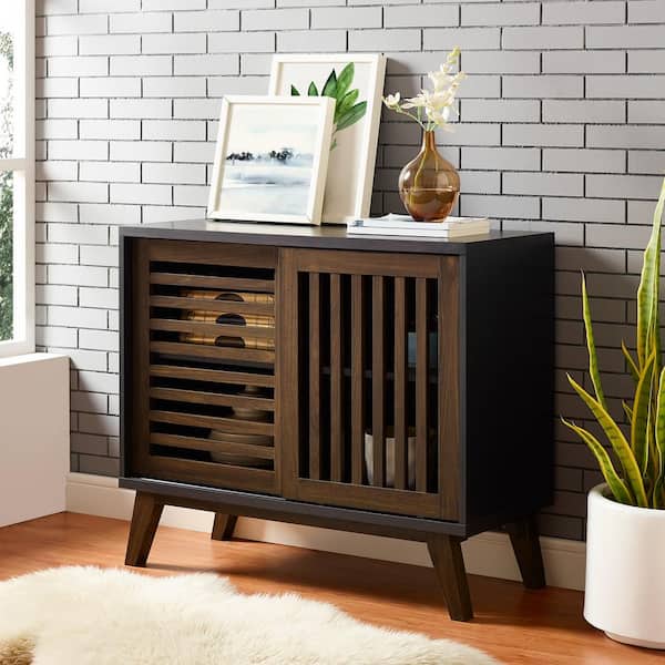 Walker Edison Furniture Company 36 in.Black and Dark Walnut Composite TV Stand with Wood Slat Doors (Max tv size 49 in.)
