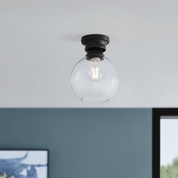 Home Decorators Collection Evelyn 8 in. 1-Light Modern industrial Matte Black Flush Mount Ceiling Light with Clear Glass Shade