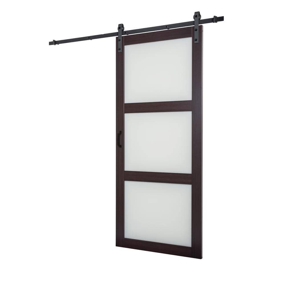 Espresso Frosted Glass 36'' x 84'' Barn Door with Black Hardware