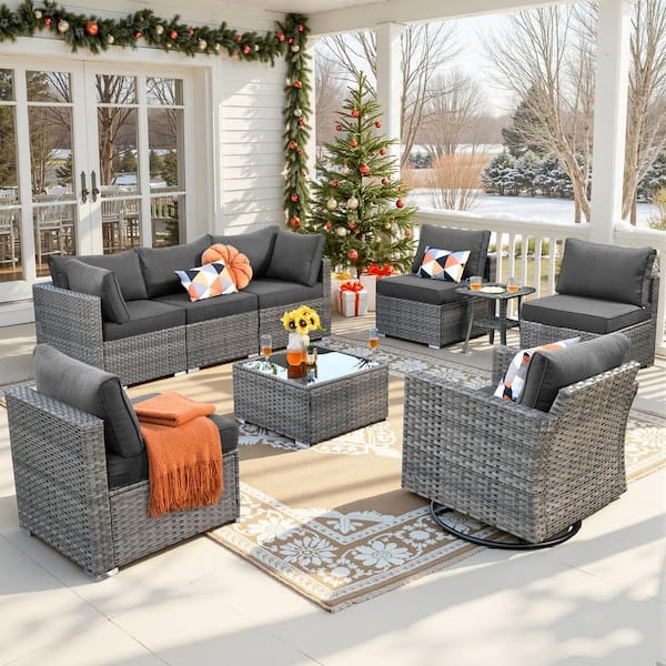 weaxty W Daffodil F Gray 9-Piece Wicker Outdoor Patio Conversation Sectional Set with a Swivel Rocking Chair and Black Cushions