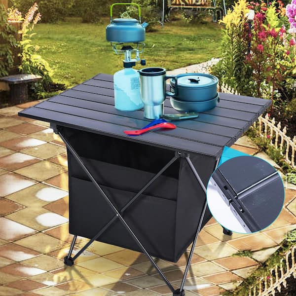 GOGEXX 22in.Wx16in.L x16in.H Black Aluminum Alloy Picnic Table Camping Folding Table Bench 4 People High Capacity Carry Bag