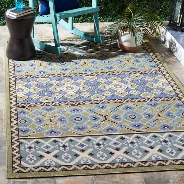 Veranda Green/Blue 5 ft. x 8 ft. Border Indoor/Outdoor Patio  Area Rug