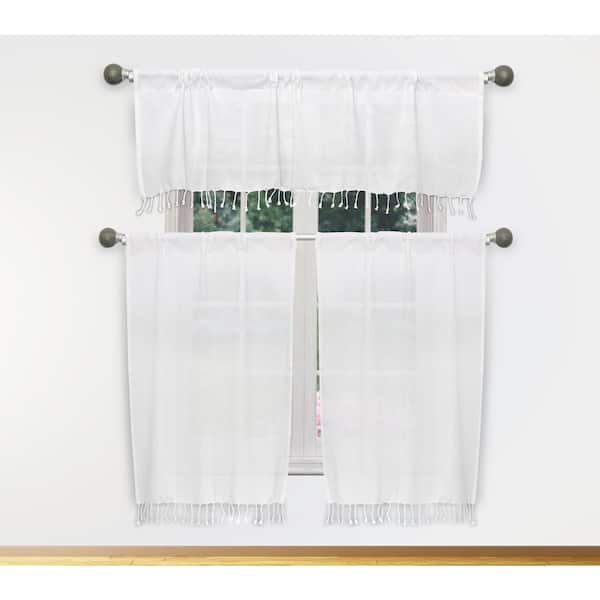 HOME MAISON Savi White-White Kitchen Curtain in 58 in. W x 15 in. L (3-Piece)