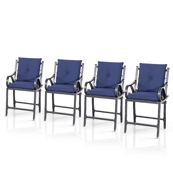 PURPLE LEAF Modern Cast Aluminum Metal Frame Counter Height Outdoor Bar Stool with Back, Arm and Navy Blue Cushion (Set of 4)
