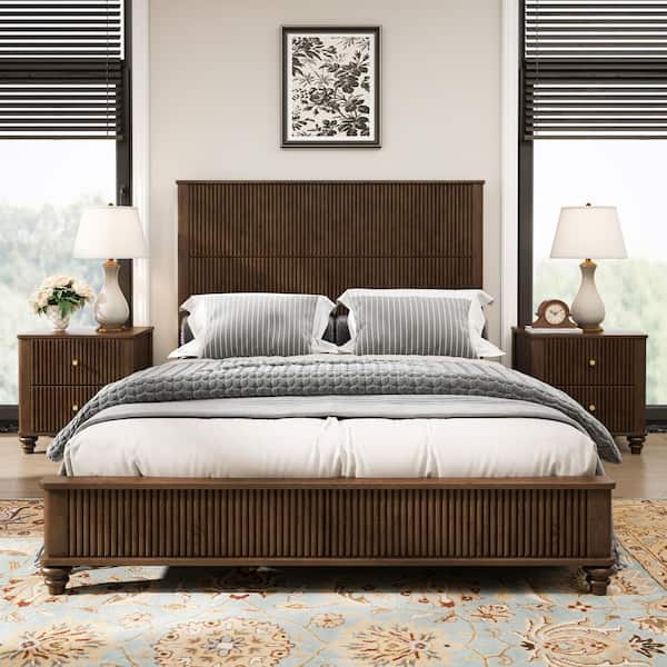 Horizon Brown Walnut Wood Frame Queen Size Platform Bed with Tall Headboard, Rubberwood