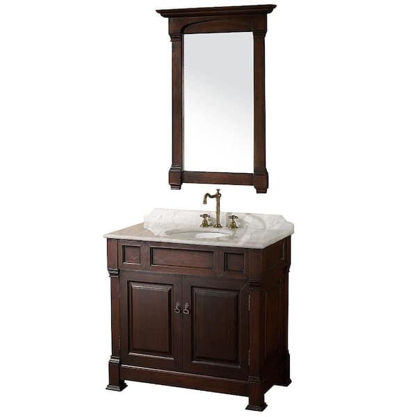 Wyndham Collection Andover 36 in. Vanity in Dark Cherry with Marble Vanity Top in Carrera White and Mirror