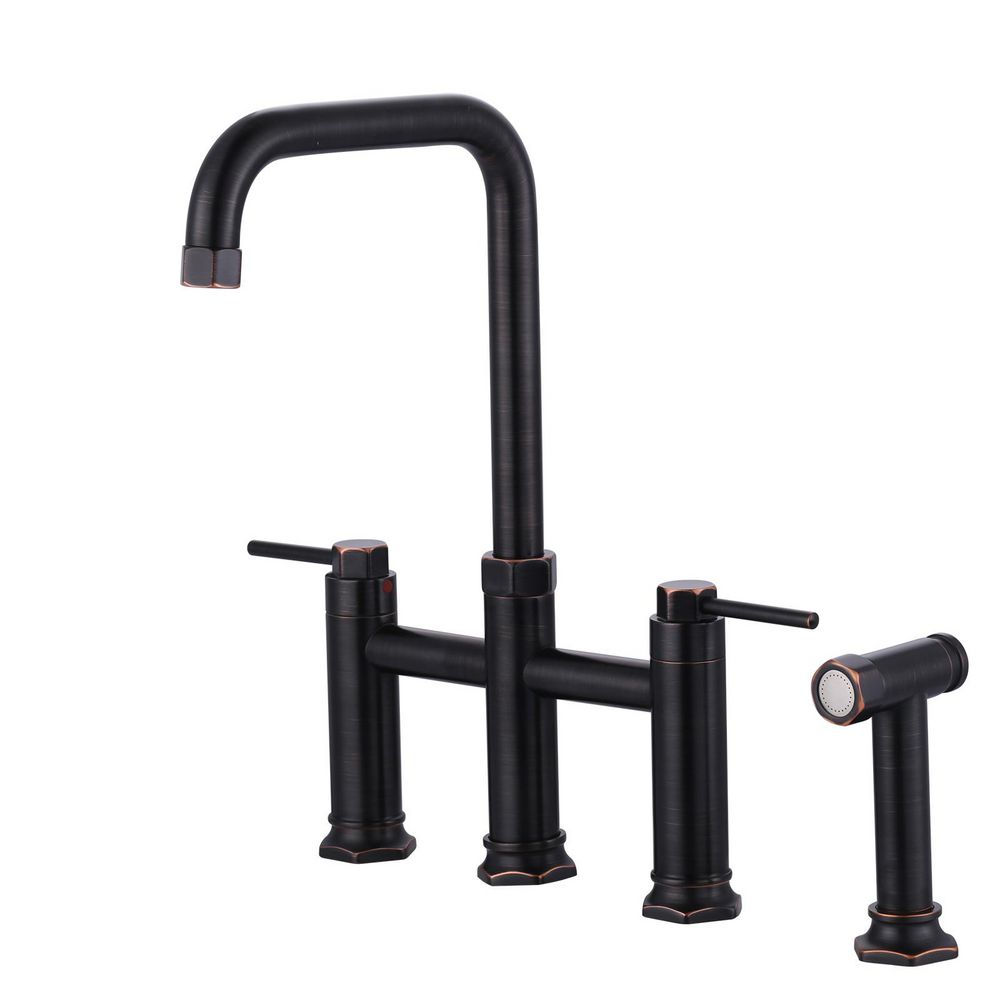 Elegant Brass Double Handle Bridge Kitchen Faucet with Side Sprayer, 59 in. Hose, and Supply Lines in Oil Rubbed Bronze