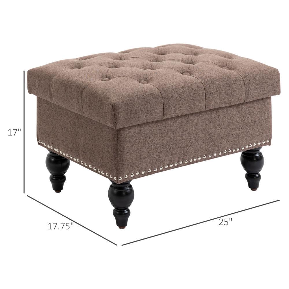 Taupe Tufted Fabric Ottoman with Turned Wood Legs