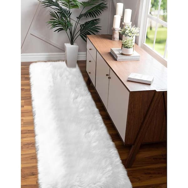 Faux Sheepskin Fur Furry White 2 ft. x 8 ft. Shaggy Fluffy Area Rug Runner Rug