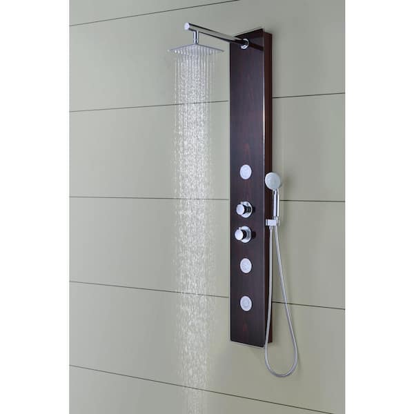 Pure 59 in. 3-Jetted Full Body Shower Panel System with Heavy Rain Shower and Spray Wand in Mahogany Style Deco-Glass